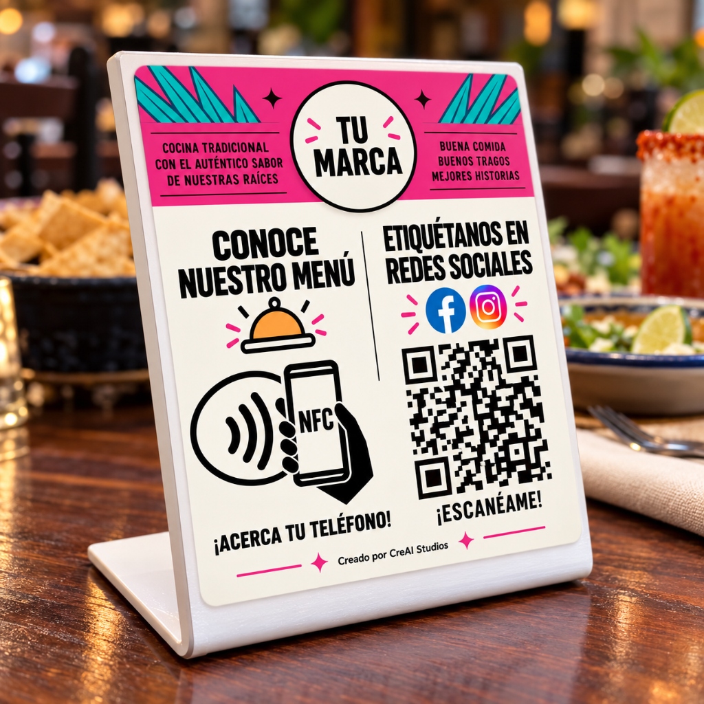 Soporte físico de mesa con chip NFC y código QR personalizado para restaurantes por CreAI Studios